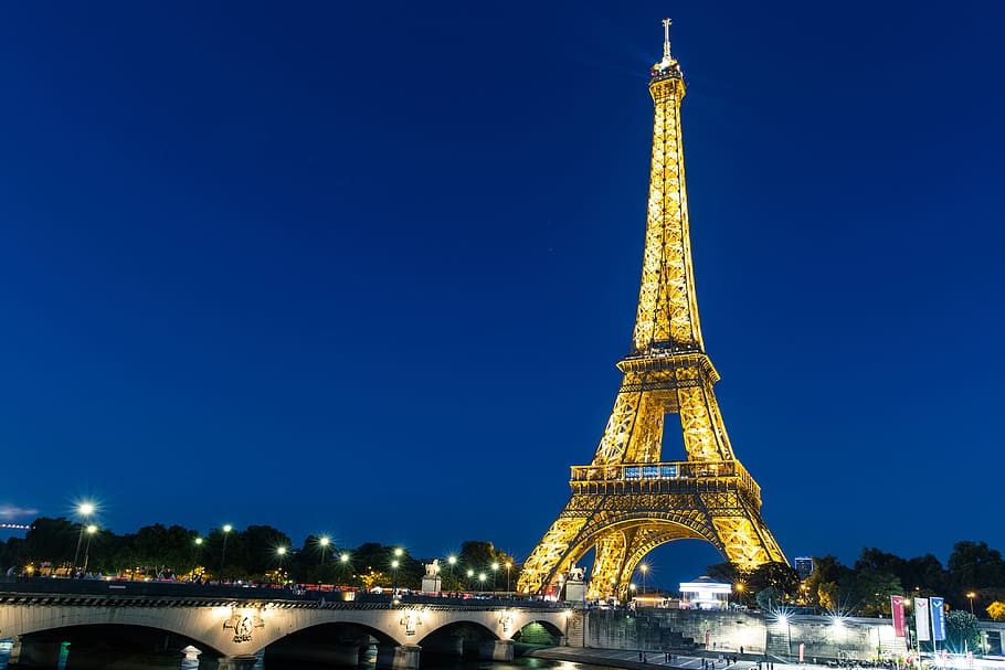 широкий, угол, ночной, выстрел, показ, знаковая Эйфелева башня, Париж, Франция., захваченный, канон 6