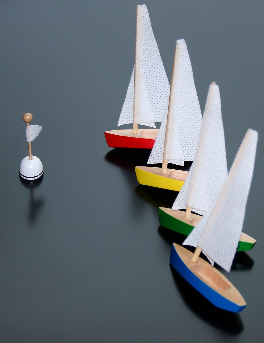 sailboat, racing, colorful, still life, ship, boat, indoors, studio shot, paper, hat