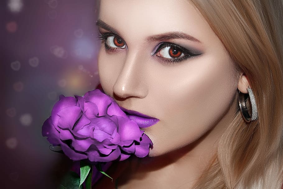 closeup, woman, kissing, purple, rose, wallpaper, lovely, girl, nice, young