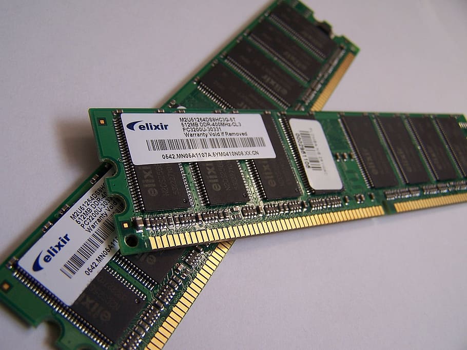 dois, preto e verde, varas, memória de computador, memória, chips, tecnologia, memória ram, hardware, componente