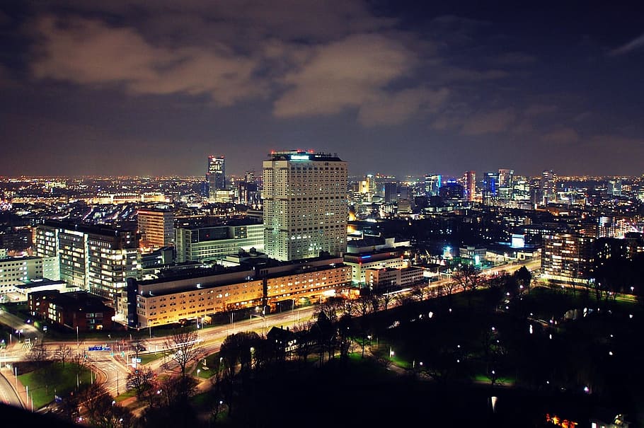 антенна, вид, город, ночное время, Роттердам, городской пейзаж, ночной выстрел, портовый город, освещение, огни