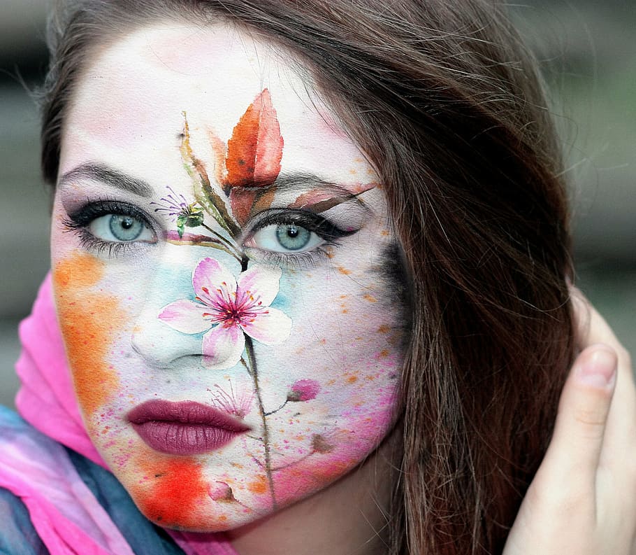 pink, flower, printed, woman, face, girl, portrait, model, beauty, painted face