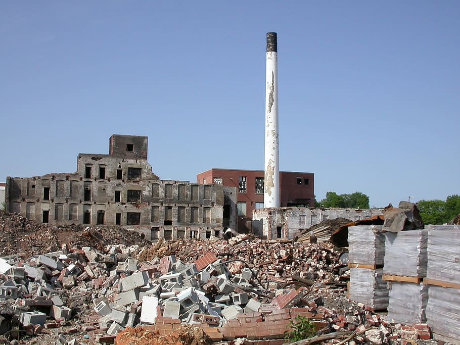 Decay, Wasteland, Factory, Rubble, concrete block, smokestack, ruin, broken, industrial, building
