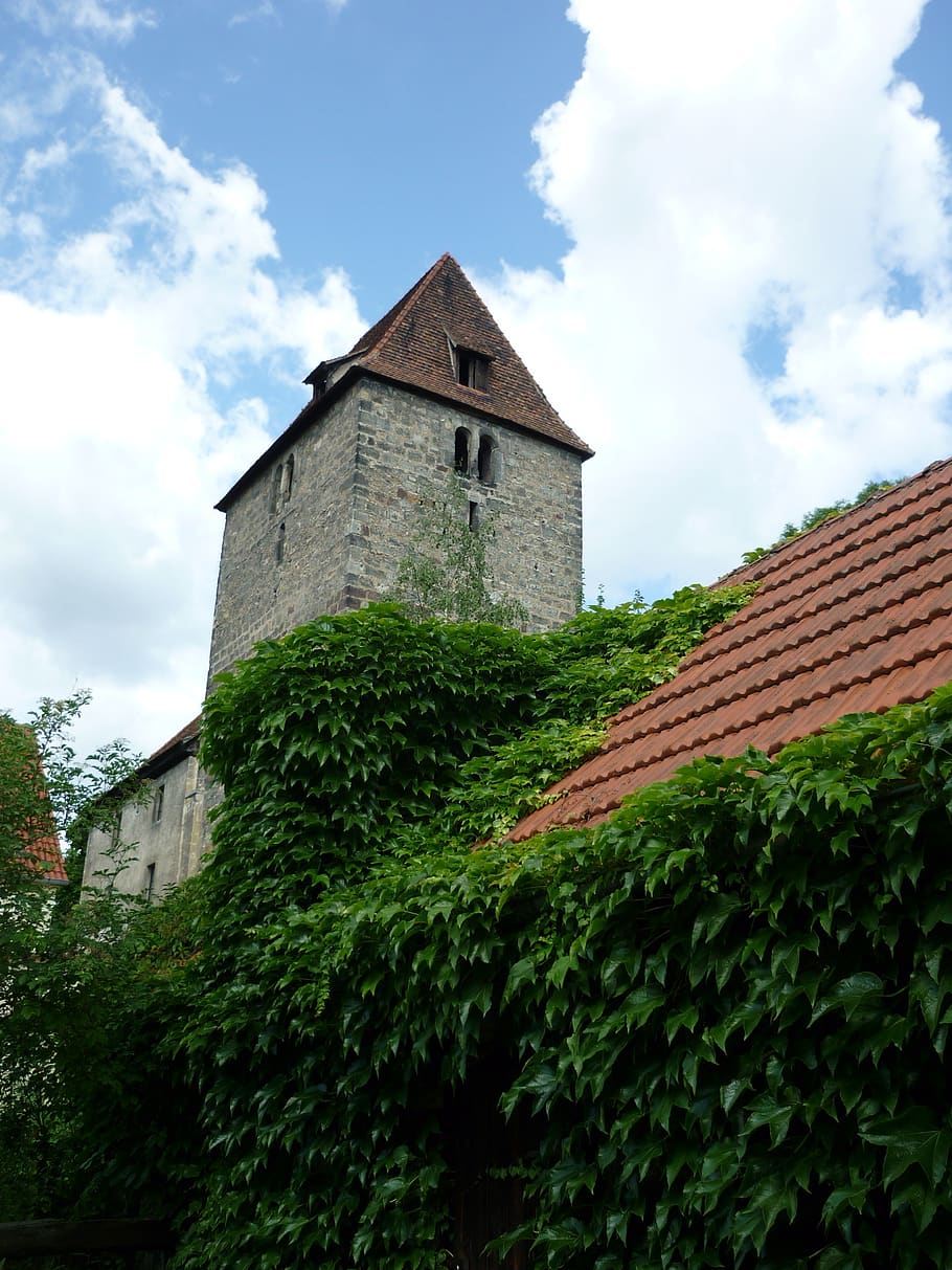 fortified church, culture, in leutra, st nicholas, defensive tower, ashlar masonry, wild, grüne, grapevines, architecture