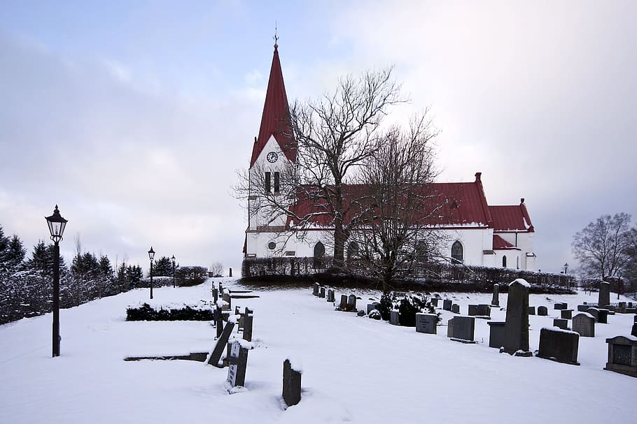 Sweden, Church, Architecture, Spire, church, architecture, cemetery, graves, headstone, winter, snow