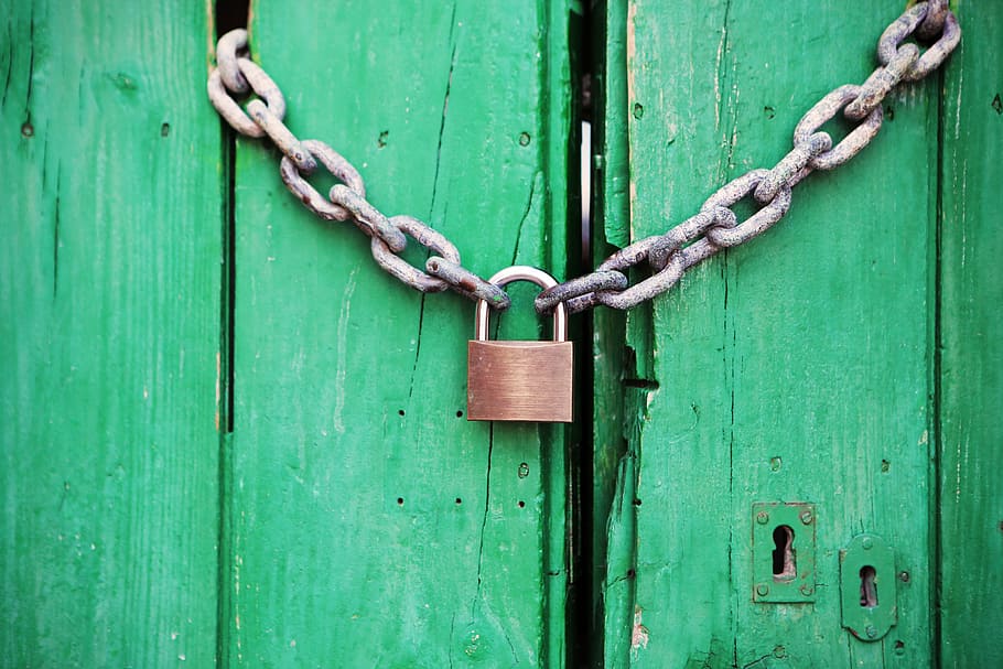 brass padlock, grey, chain, padlock, door, locked, closed, protected, lock, wooden