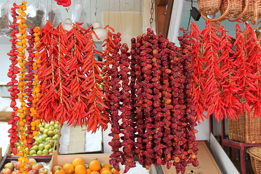 madeira, funchal, spice market, chilis, sharp, dried, market, food, hanging, food and drink