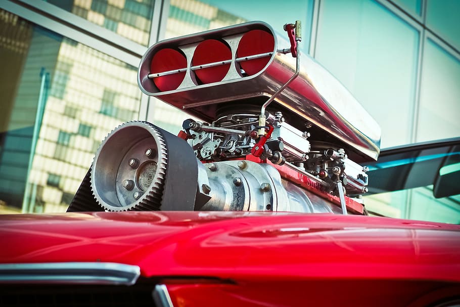 close-up photo, red, vehicle, supercharger, intake manifold, ford, auto, automotive, mustang, ford mustang