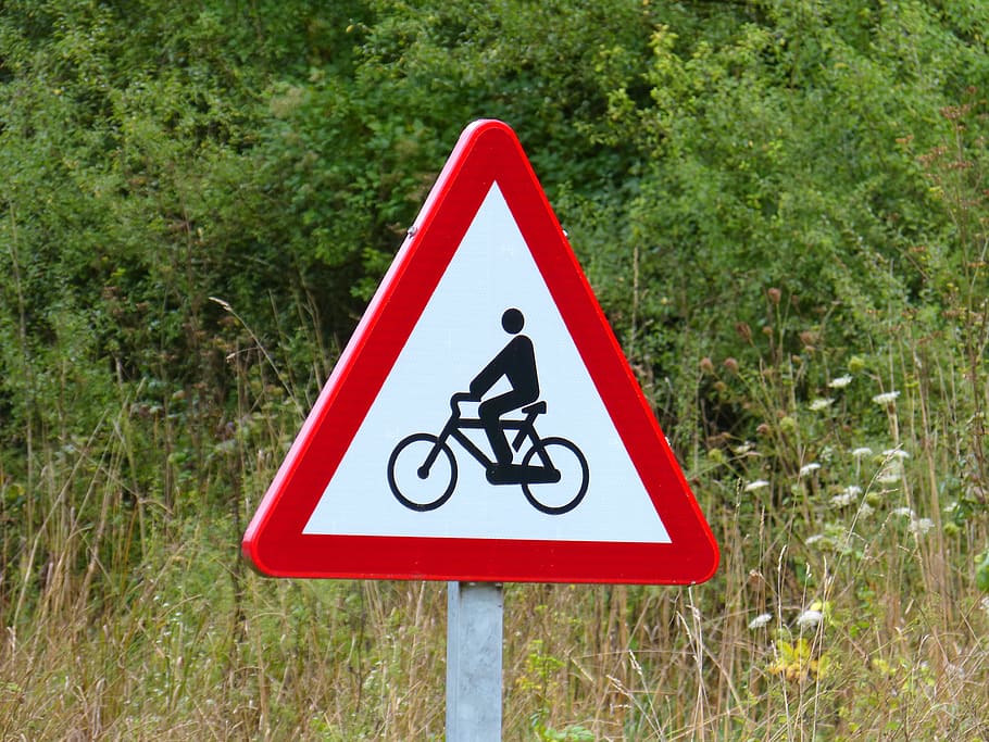 cyclist, signal, cycling, caution, symbol, sign, communication, plant, triangle shape, shape