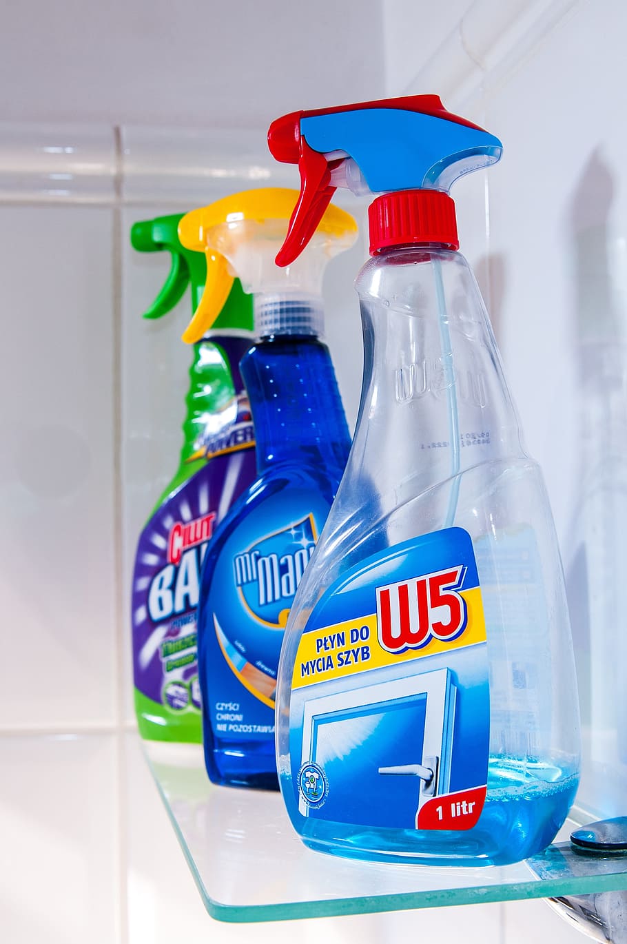 three, cleaning spray bottles, top, glass-top wall shelf, cleaning, equipment, spray, cleaning products, house cleaning, bottle