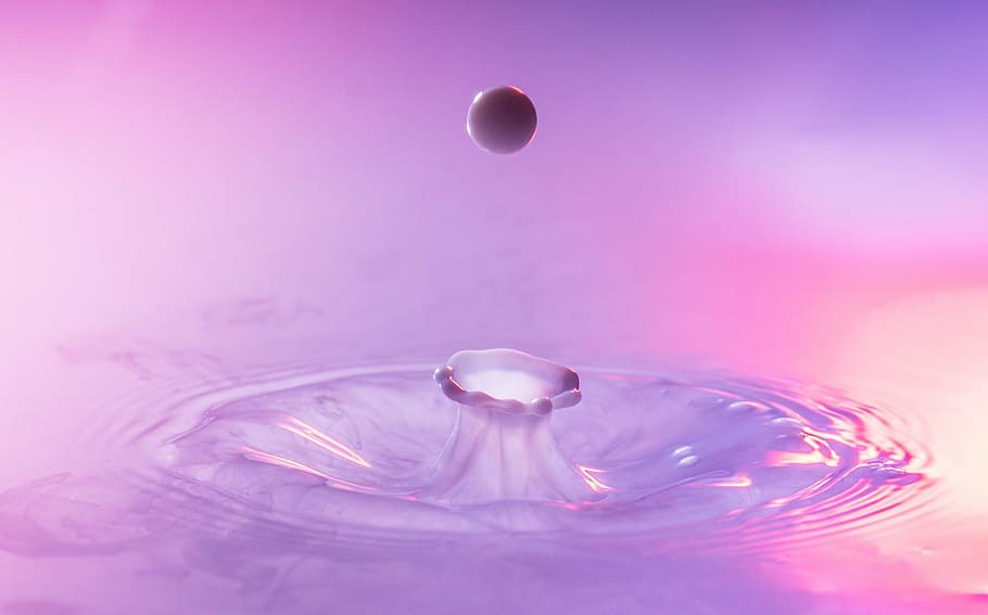 photography of droplet, volcano, water, drip, drop of water, pink, crater, impact, purple, proboscis