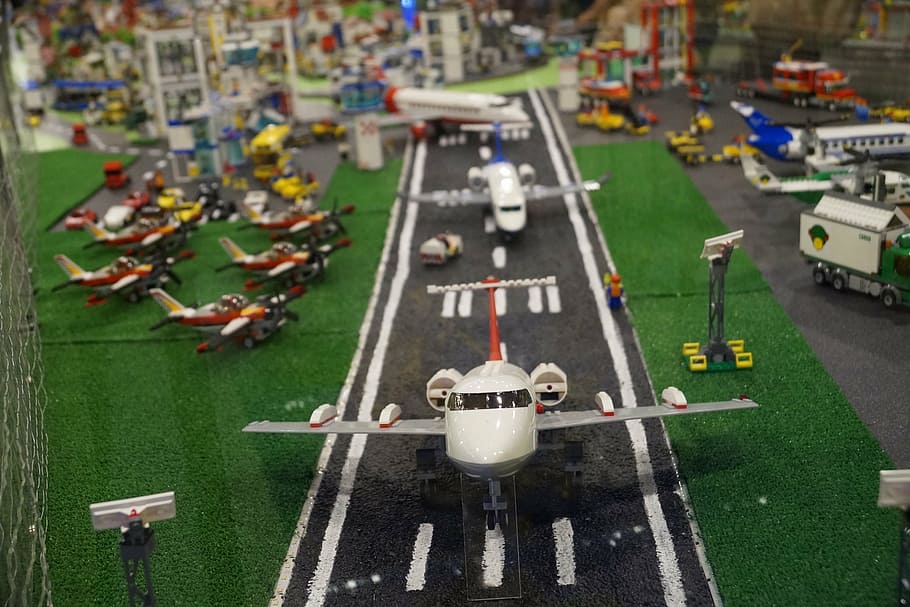lego city, plane, airport, exhibition, toys, lego, aerial View, high angle view, day, city