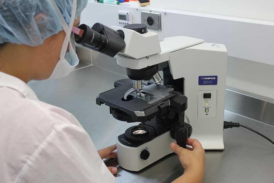 person using microscope, microscope, lab, diagnosis, white, healthcare and medicine, occupation, science, research, education