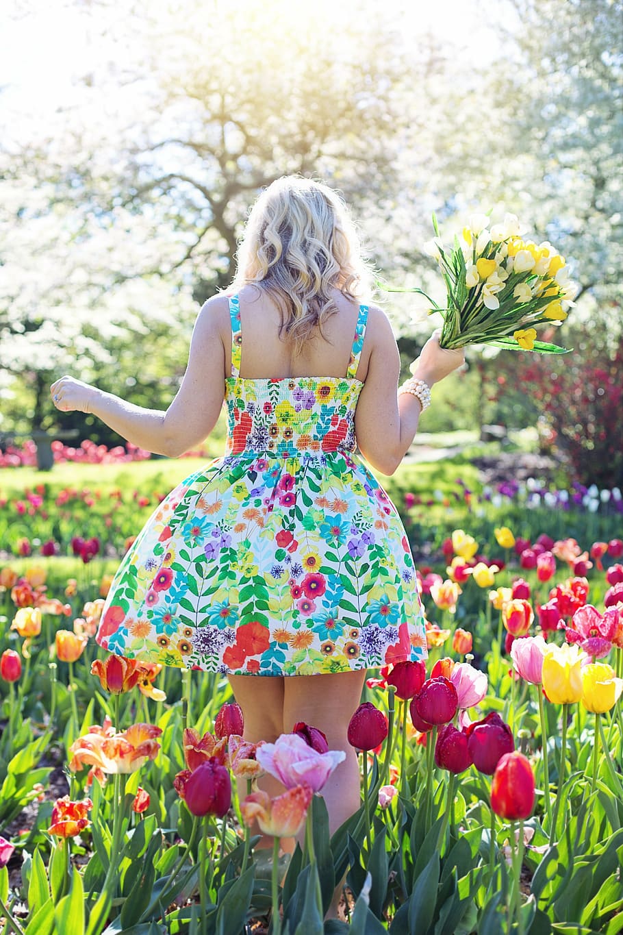 woman, holding, flower bouquet, spring, tulips, pretty woman, young woman, flowers, springtime, female
