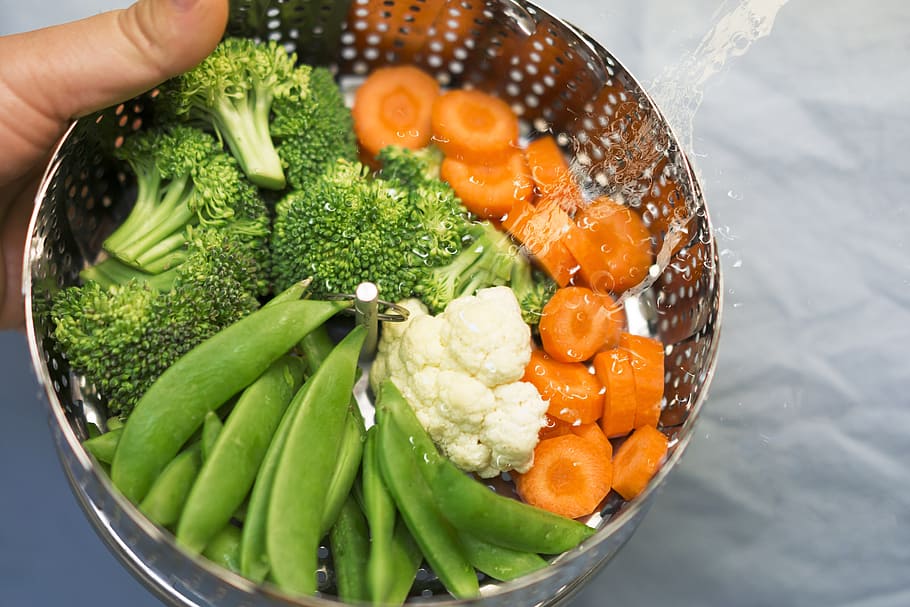 berbagai macam, sayuran, mangkuk, uap, kacang-kacangan, brokoli, kukus, hijau, diet, makan