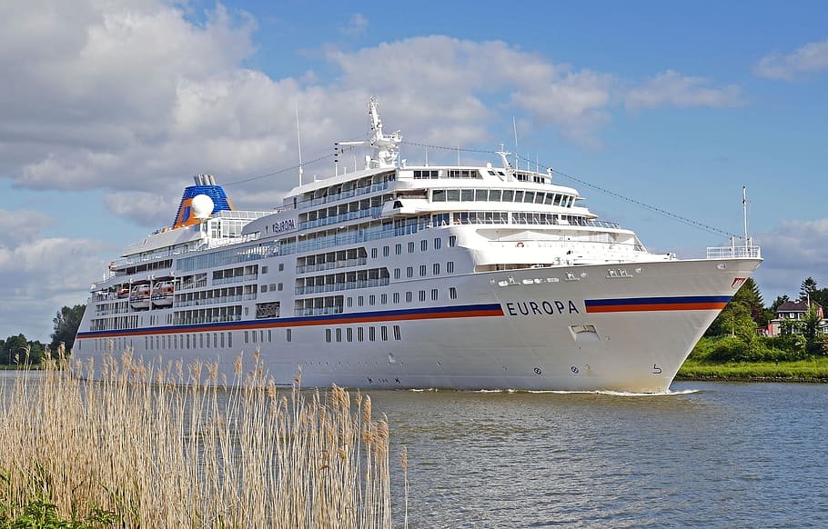 white, europa cruise ship, body, water, cruise, north america, passenger ship, passage, channel, nautical vessel