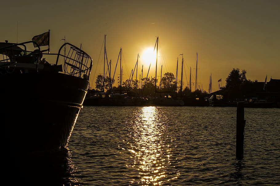 silhouette, boat, floating, calm, body, water, sailing, boats, sailboats, harbor
