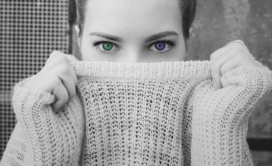 selective-color photography, woman, covering, mouth, sweater, grown up, fashion, eyes, various, lovely