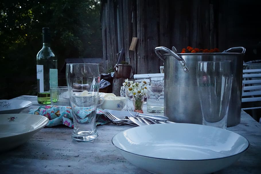 table, dishes, outdoors, romantic, food, plate, wine, household equipment, glass, drinking glass