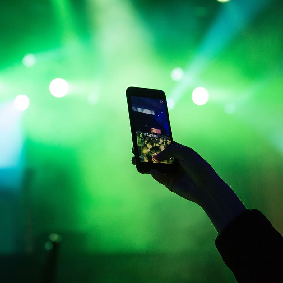 selective, focus photography, person, holding, smartphone turned-on, taking, crowd, concert, spotlights, mobile