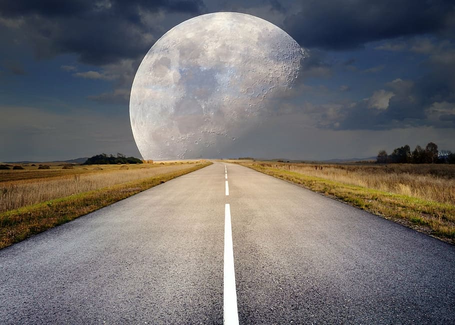 roadway, grass field, front, moon, digital, wallpaper, full moon, moonlight, super moon, night