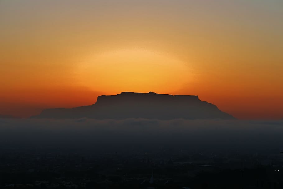 silhouette photo, mountain, cape town, table mountain, cloud bank, sunset, south africa, sky, scenics - nature, silhouette