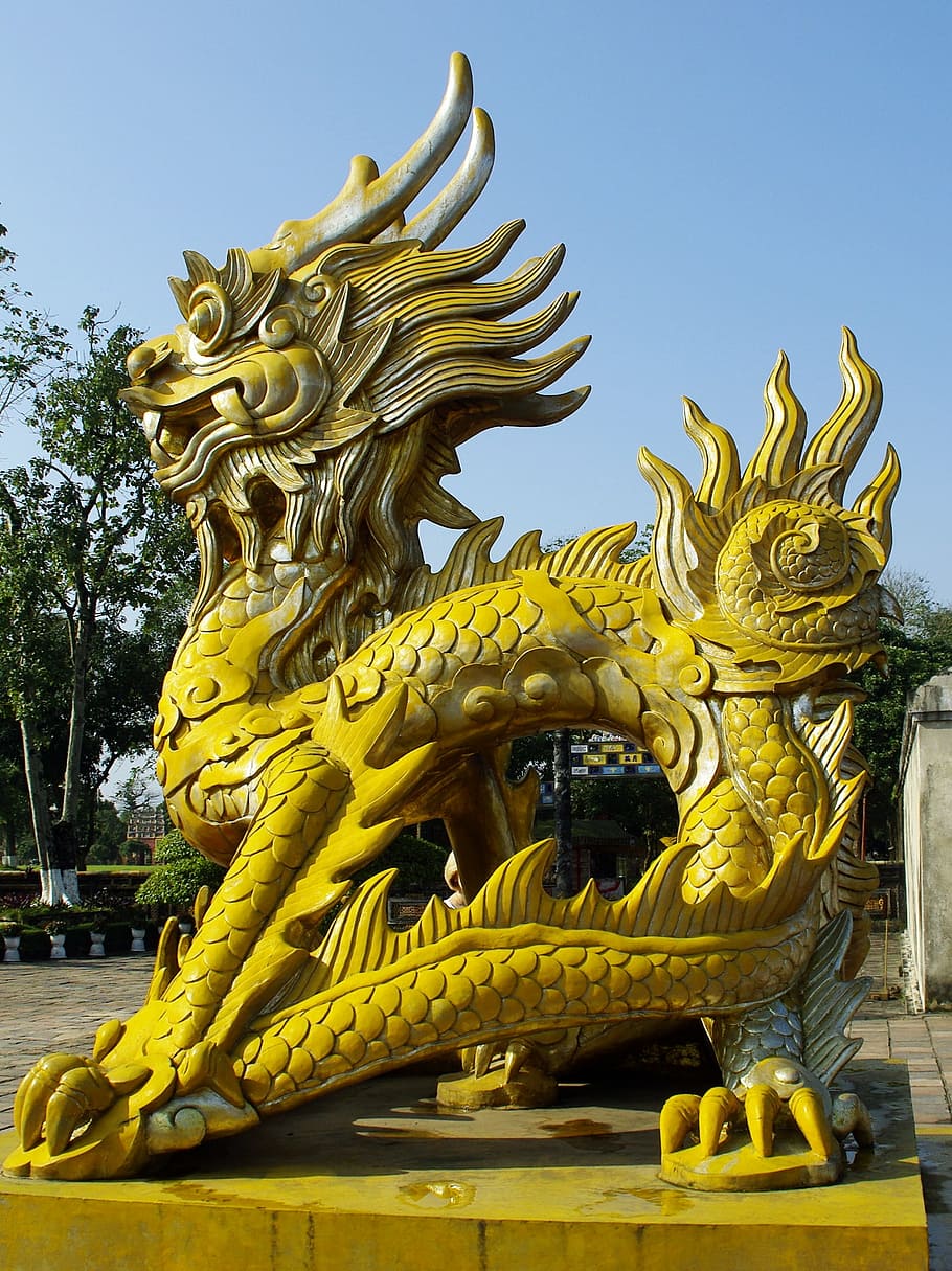 viet nam, booed, yellow dragon, citadel, statue, asia, architecture, sculpture, cultures, dragon
