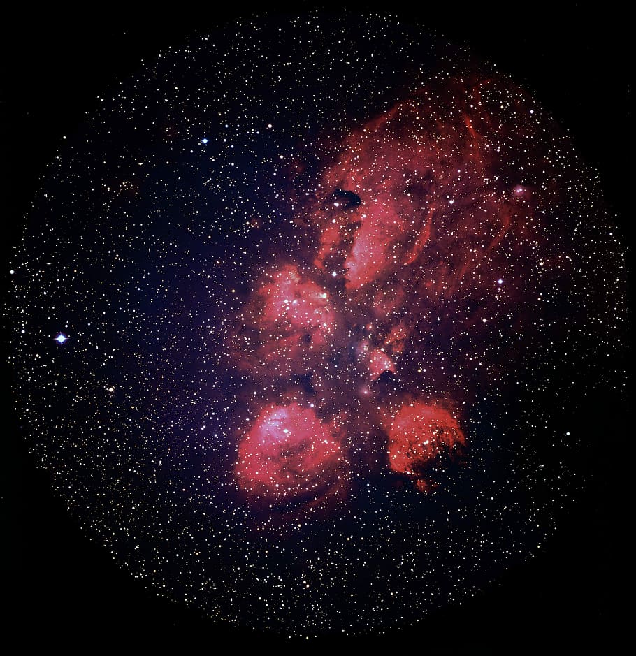 vista, vermelho, galáxia, ngc 6334, névoa pfote de gato, nebulosa de garra de urso, nebulosa de emissão, constelação de escorpião, supernova, céu estrelado