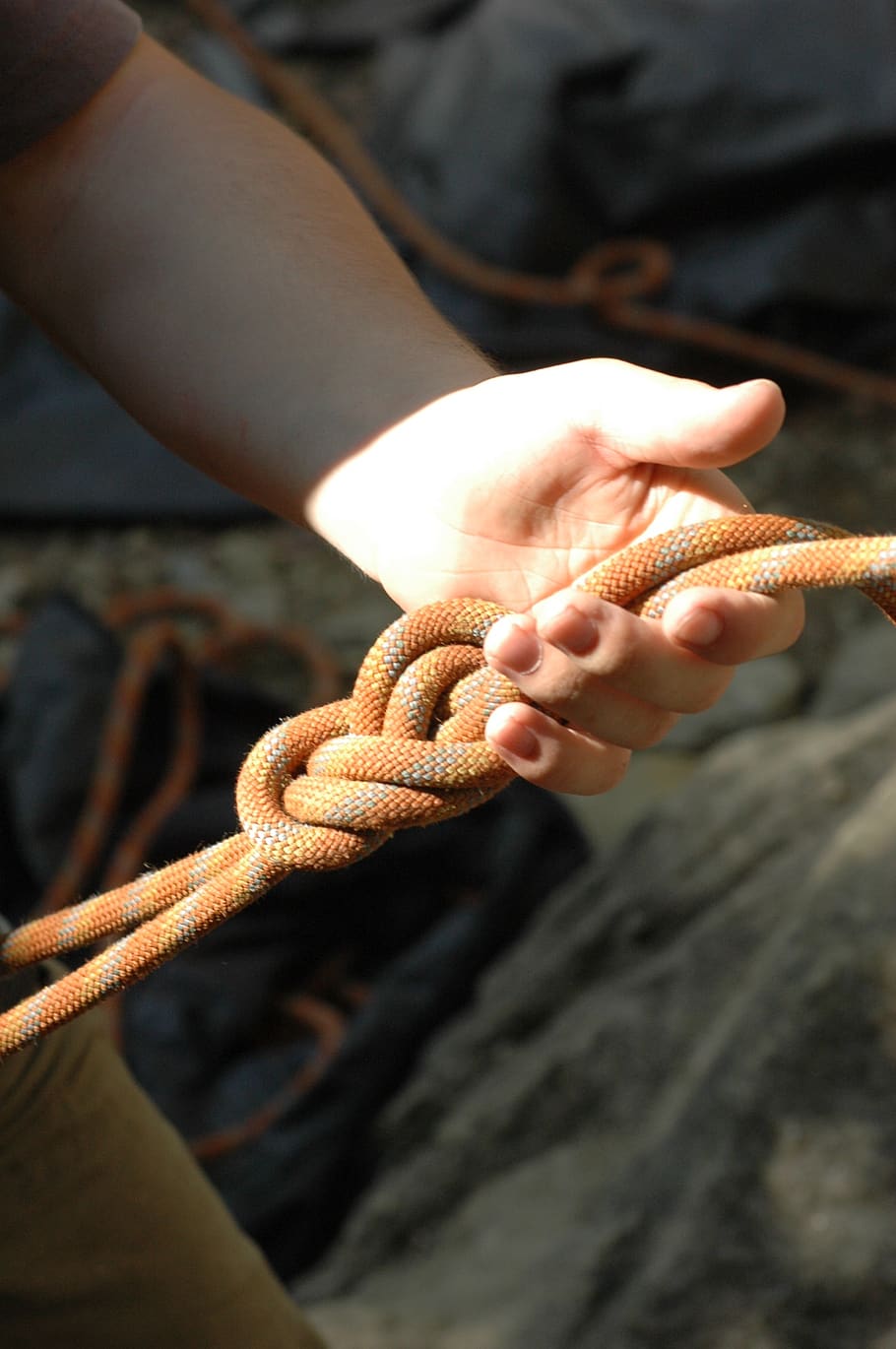 climb, knot, hand, partner check, eighth node, mountaineering, security, secure, rope, human hand