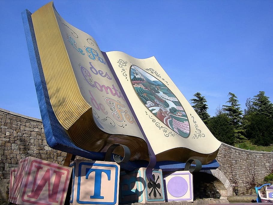 book, read, storybook, letters, disneyland paris, sky, art and craft, architecture, clear sky, blue