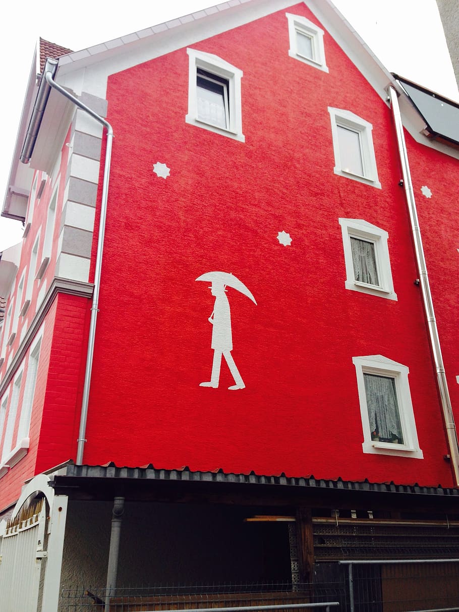 house, red, building, man, umbrella, tuttlingen, road, rain, painting, wall