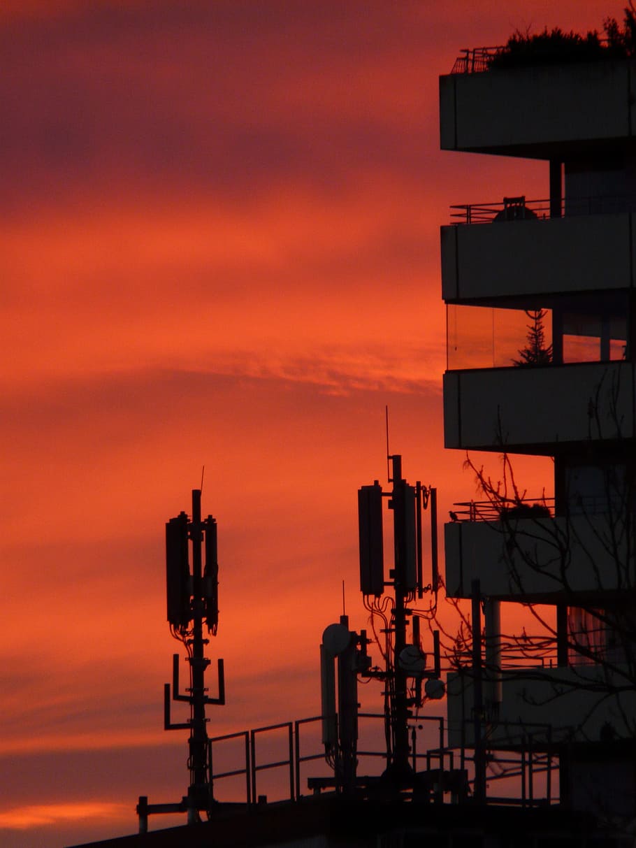 Antennas, Transmitter, Radio, System, radio system, afterglow, sunset, sky, clouds, fire