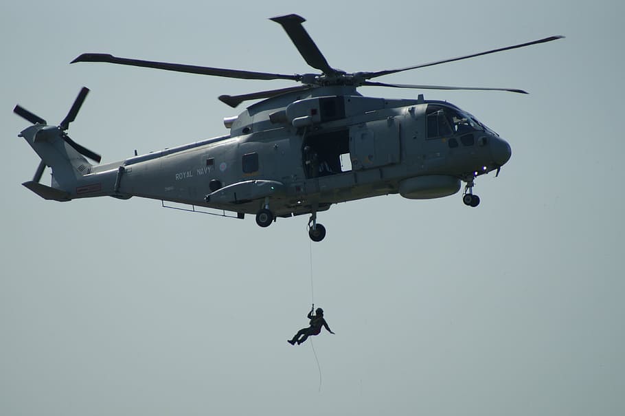 helicopter, winch, recovering, man, air vehicle, mid-air, flying, transportation, mode of transportation, military