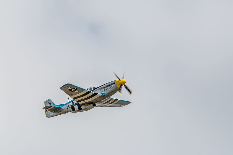 low-angle photo, bi-plane, flying, sky, daytime, p-51d mustang, warbird, aircraft, fly, flugshow