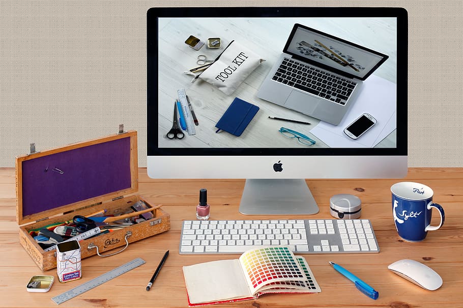 cuaderno, frente, imac, lugar de trabajo, escritorio, creativo, computadora, maqueta, mac, manzana