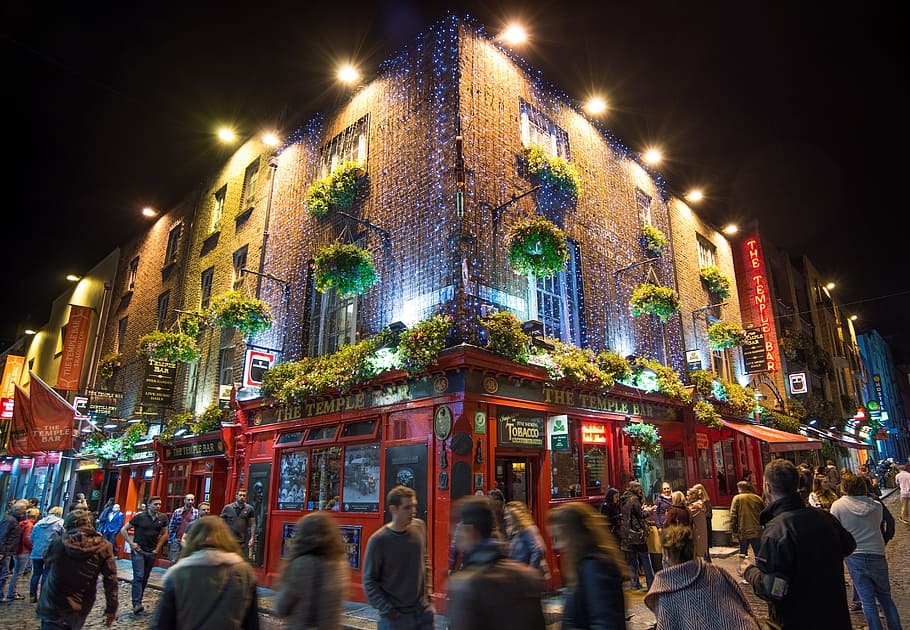 group, people, walking, street, front, red, lighted, building, Temple Bar, Pub