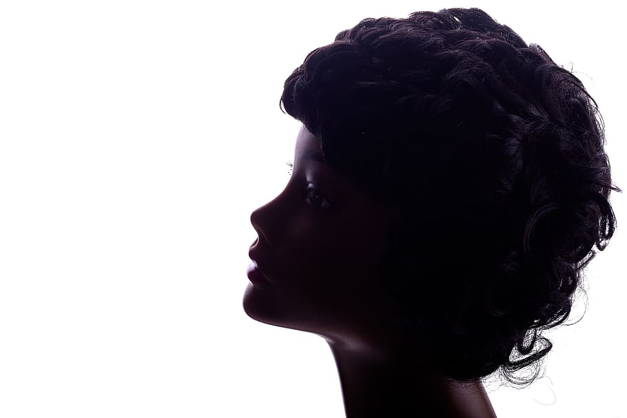 isolated, profile, silhouette, woman, head, mannequin, headshot, portrait, studio shot, white background