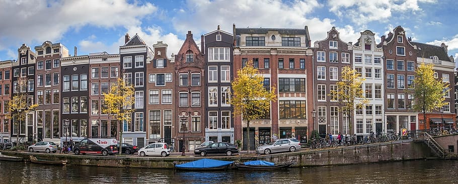 panoramic, photography, bodies, water, mid-rise building, amsterdam, canal, urban, architecture, houses