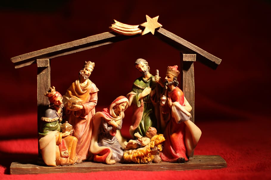 nativity scene figurine, christmas, deco, decoration, figure, church, faith, red, black, holy