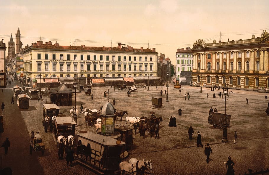 archive, old photo, card postal, toulouse, place du capitole, horses, carriage, grand hotel, chocolate menier, architecture