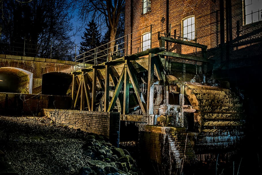 water mill, old, waterwheel, mill wheel, bach, rotation, town of barmstedt, blue hour, icicle, water power