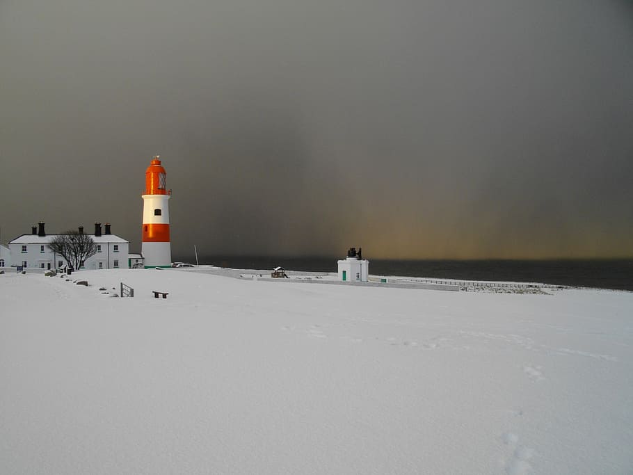 orange, white, lighthouse, snow field, daytime, snow, south shields, coast, cold, beacon