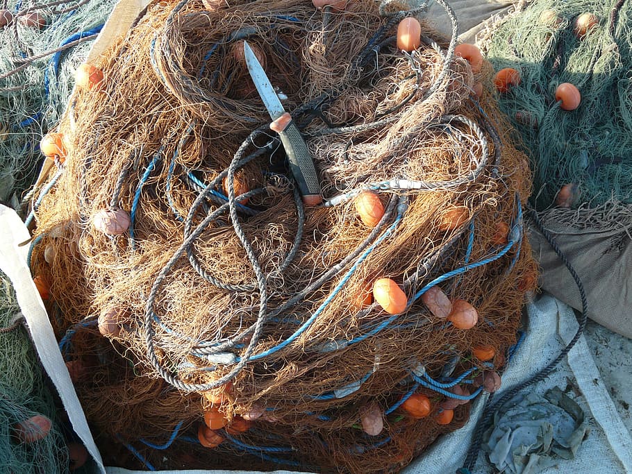 network, fishing, fishing net, mediterranean, high angle view, rope, buoy, commercial fishing net, day, fishing rod