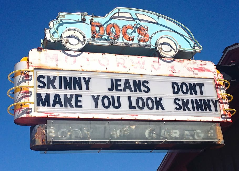 skinny jeans signage, austin, tx, sign, texas, downtown, city, travel, antique, car