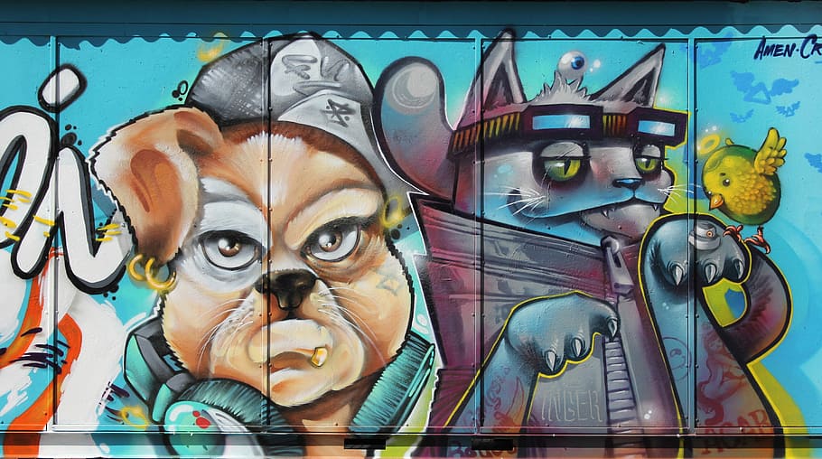 grafiti, grafitti, seni, karya seni, disemprot, kucing, anjing, semprotan, representasi, mamalia