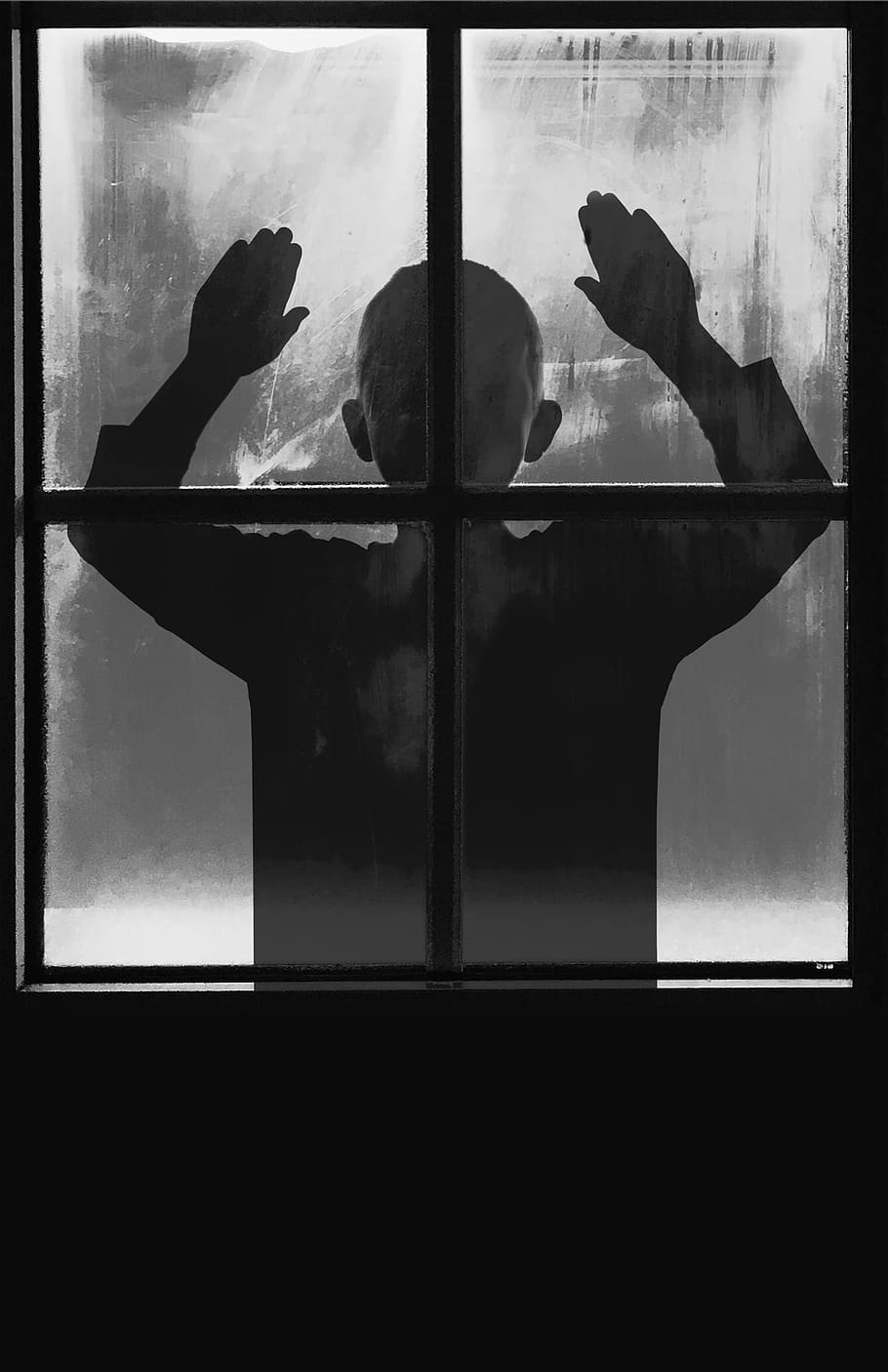 silhouette, toddler, standing, front, window, child, child at the window, kid, boy, scary