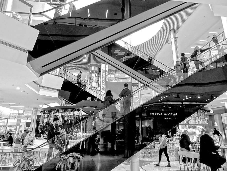 grayscale photograph, people, inside, building, escalator, stairs, architecture, shopping centre, shopping, floors