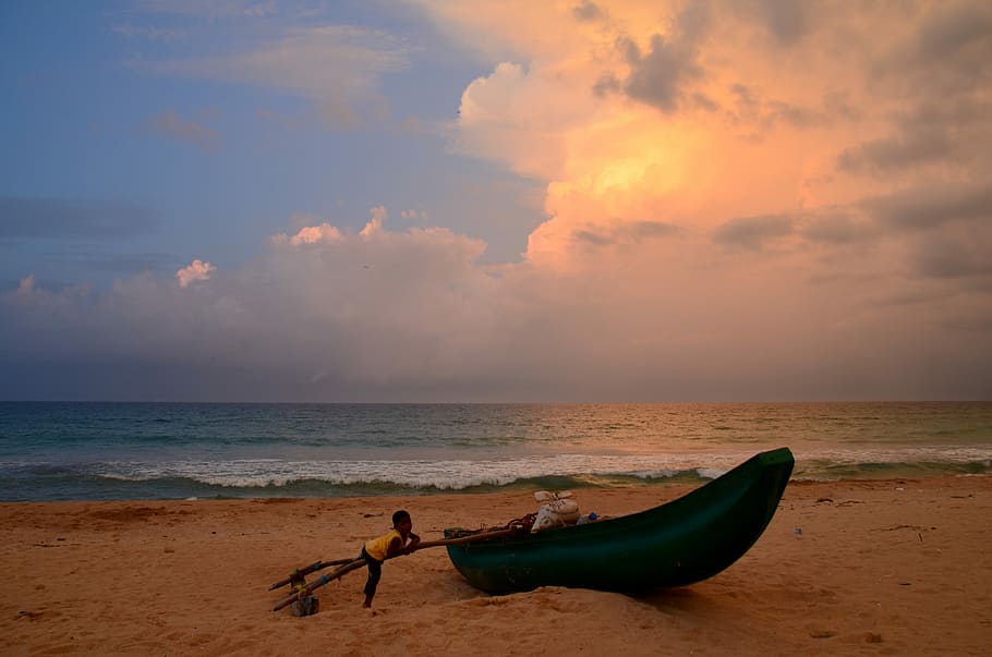 Sri Lanka, praia, bota, mar, trópicos, céu, horizonte sobre a água, água, agua, terra