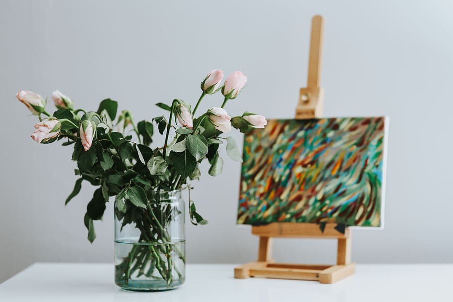 flowers, roses, art, paintings, pink, Black, cat, painting, plant, vase