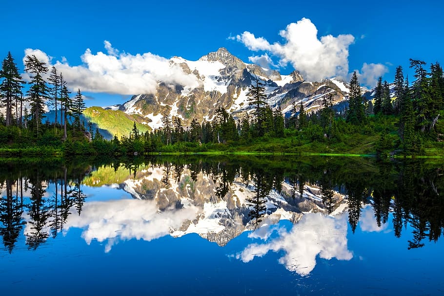 picture lake, reflection, clouds, sky, mountains, mt shukshan, calm, scenic, park, range